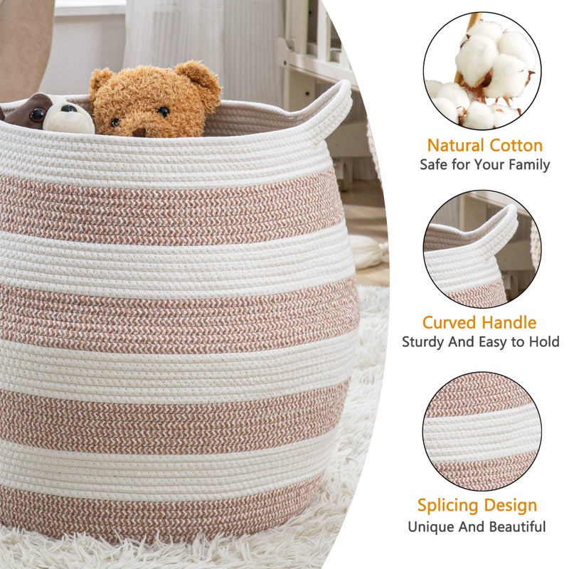 KAKAMAY Woven Baskets for Storage(17""x17"") Large Cotton Rope Woven Baby Laundry Hamper Collapsible Laundry Basket  Blanket Basket for Organizing Living Room Nursery Pillows Toy Chest(Rose) - Image 2